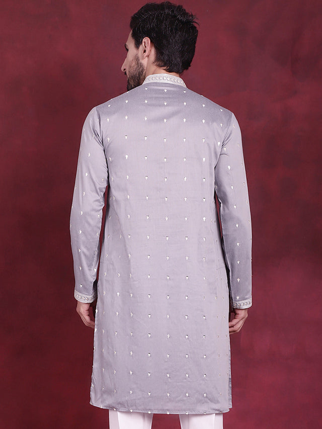 Men's Grey Sequins Embroidered Kurta