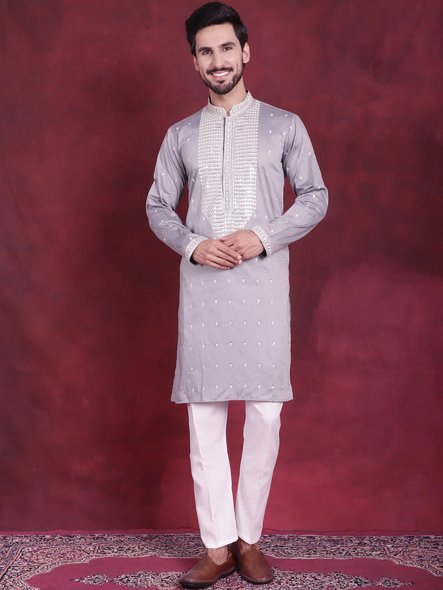 Men's Grey Sequins Embroidered Kurta