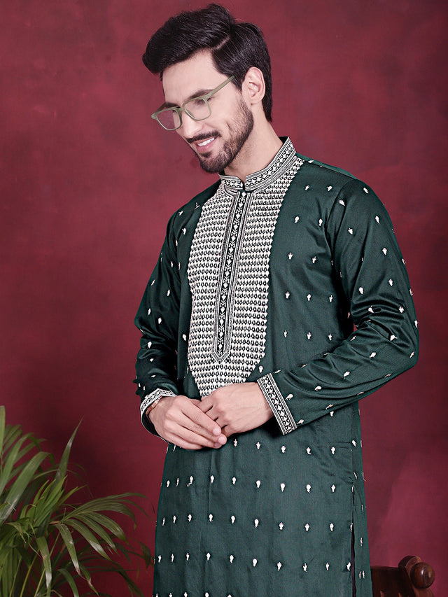Men's Olive Sequins Embroidered Kurta