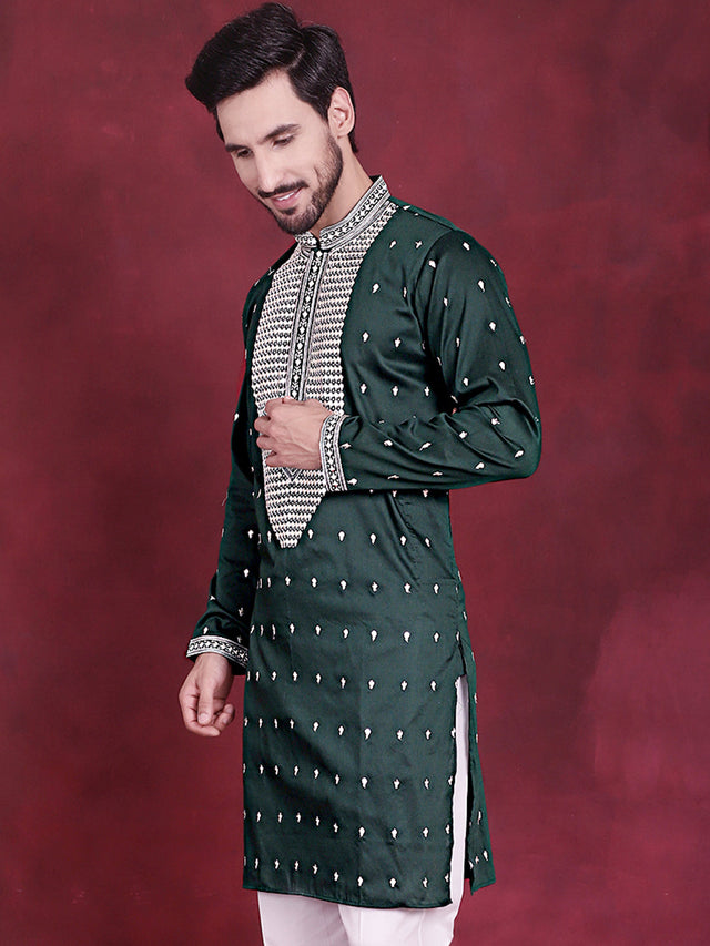 Men's Olive Sequins Embroidered Kurta