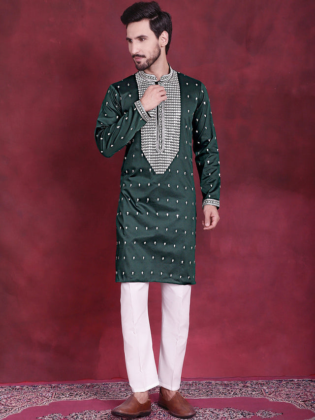 Men's Olive Sequins Embroidered Kurta
