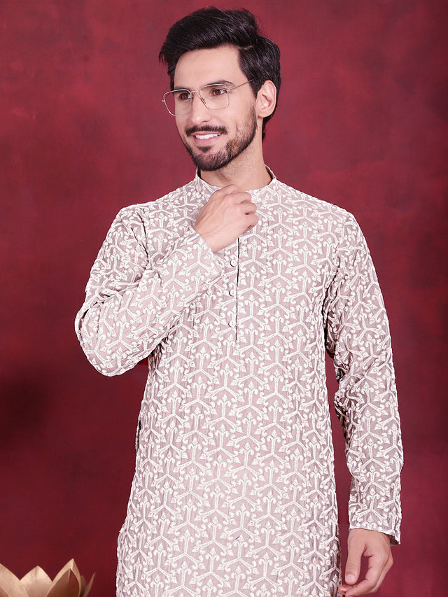 Men's Grey Chikankari Embroidered Kurta