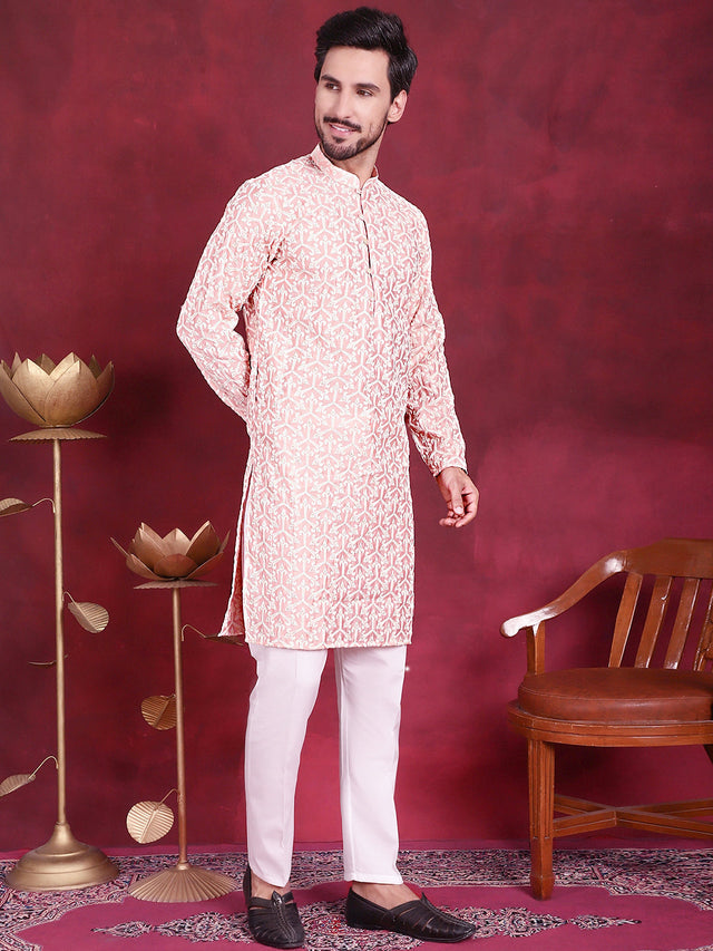 Men's Pink Chikankari Embroidered Kurta