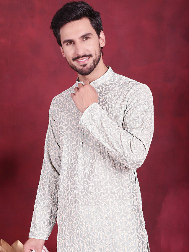 Men's Pista Chikankari Embroidered Kurta