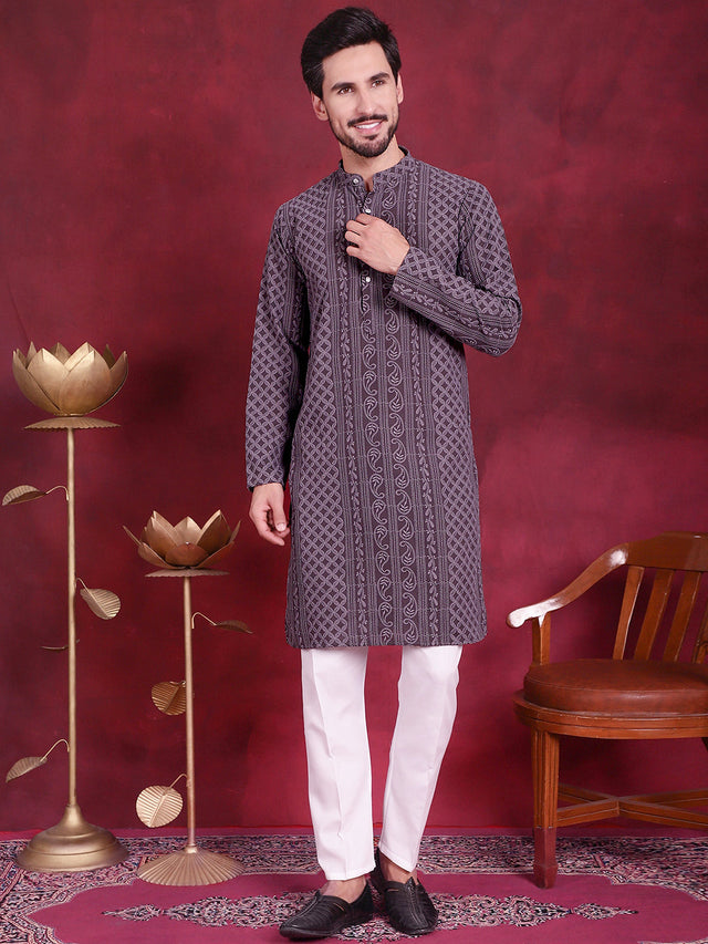 Men's Grey Chikankari Embroidered Kurta