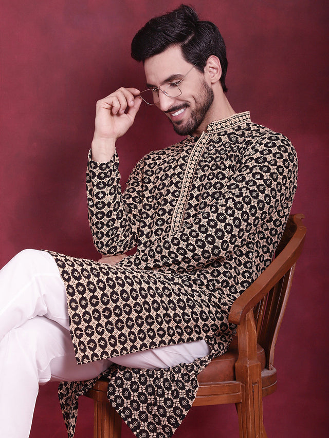Men's Black Sequins Embroidered Kurta