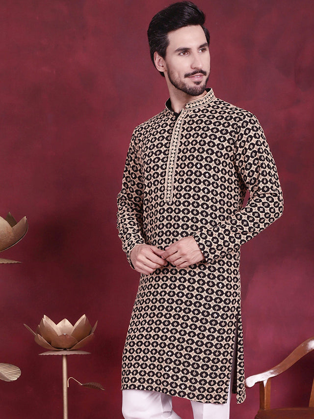 Men's Black Sequins Embroidered Kurta