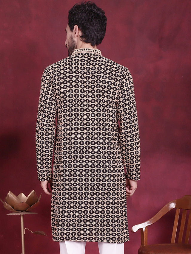 Men's Black Sequins Embroidered Kurta