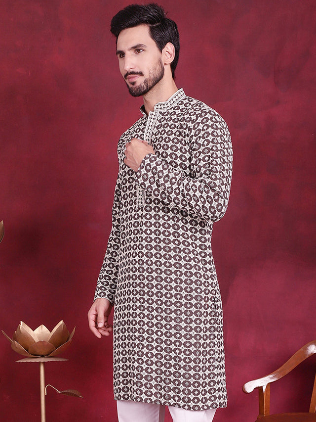 Men's Brown Sequins Embroidered Kurta