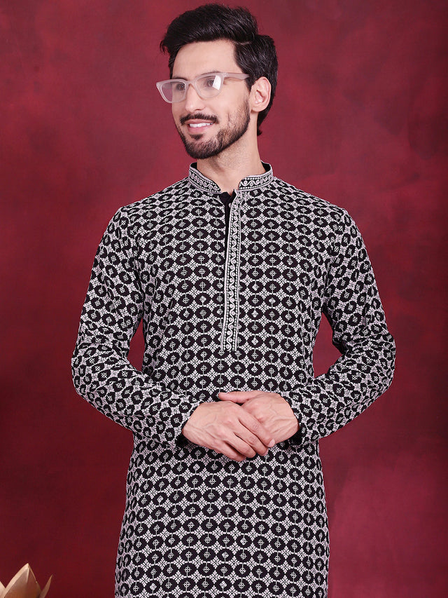 Men's Grey Sequins Embroidered Kurta