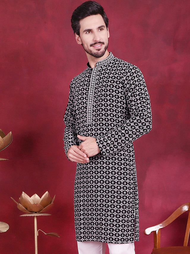 Men's Grey Sequins Embroidered Kurta