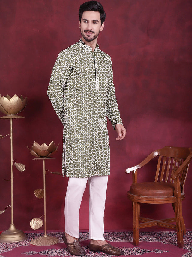 Men's Olive Sequins Embroidered Kurta