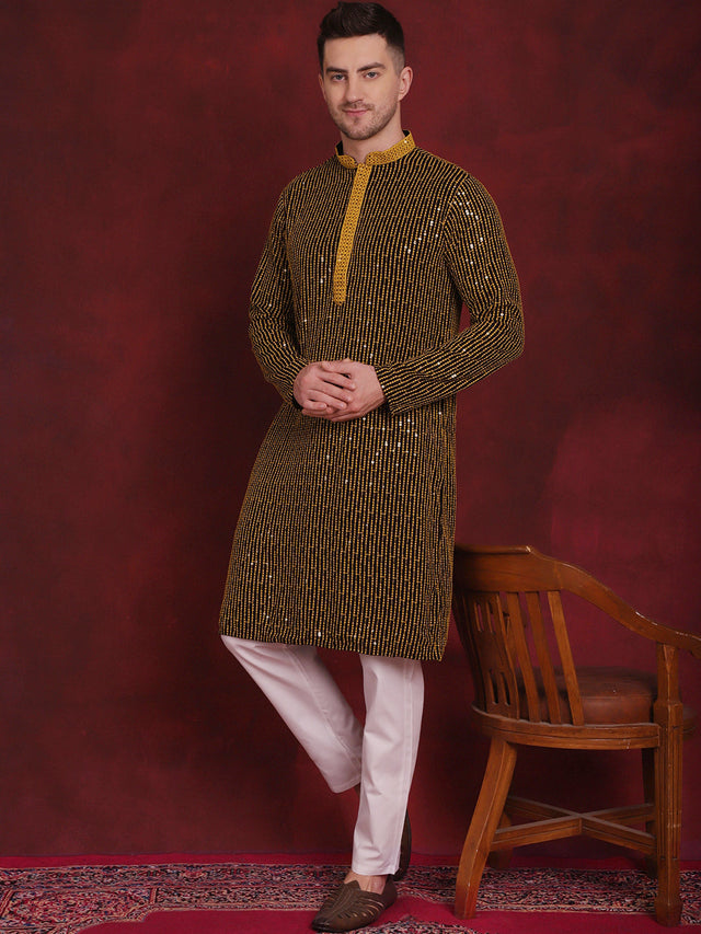 Men's Yellow Sequins Chikankari Embroidered Kurta