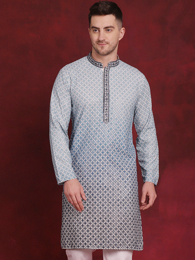 Men's Blue Sequins Embroidered Kurta