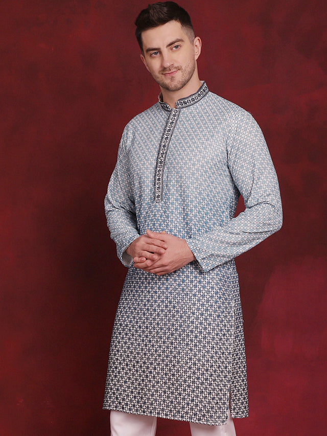Men's Blue Sequins Embroidered Kurta