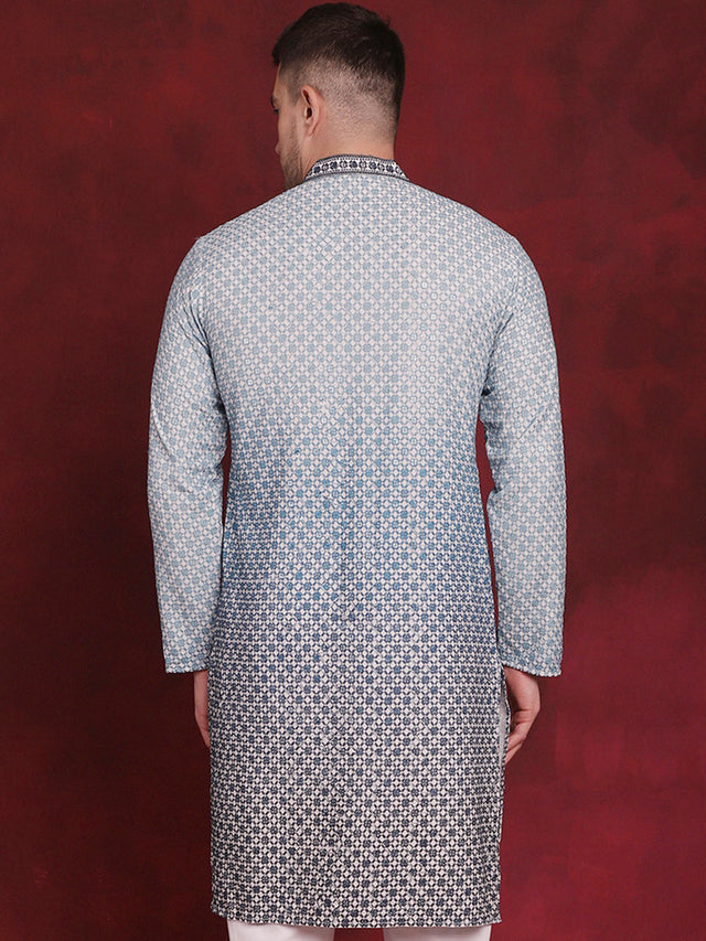 Men's Blue Sequins Embroidered Kurta