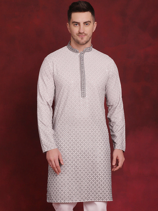 Men's Grey Sequins Embroidered Kurta