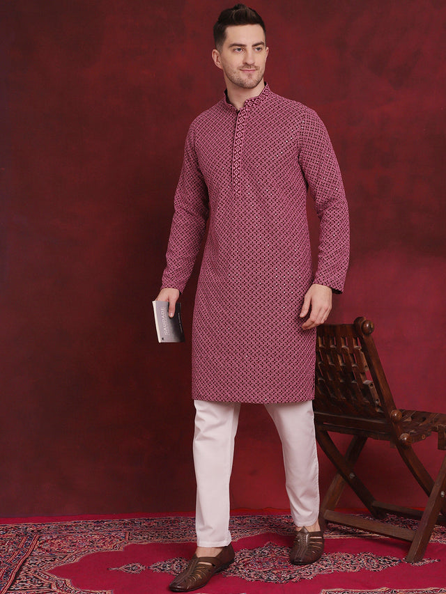 Men's Magenta Sequin Embroidered Cotton Kurta