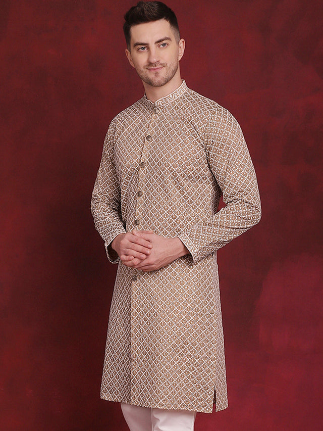 Men's Beige Sequin Chikankari Front Open Kurta