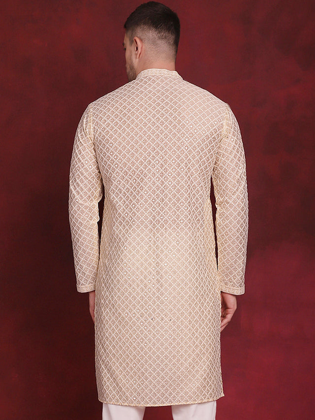 Men's Golden Sequin Chikankari Front Open Kurta