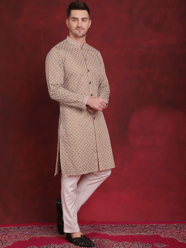 Men's Beige Sequin Chikankari Front Open Kurta