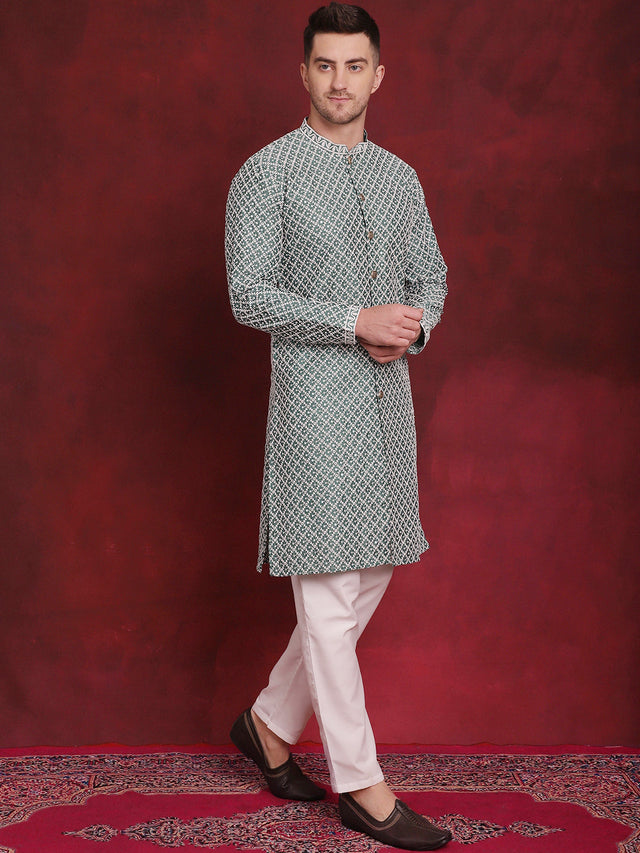 Men's Green Sequin Chikankari Front Open Kurta