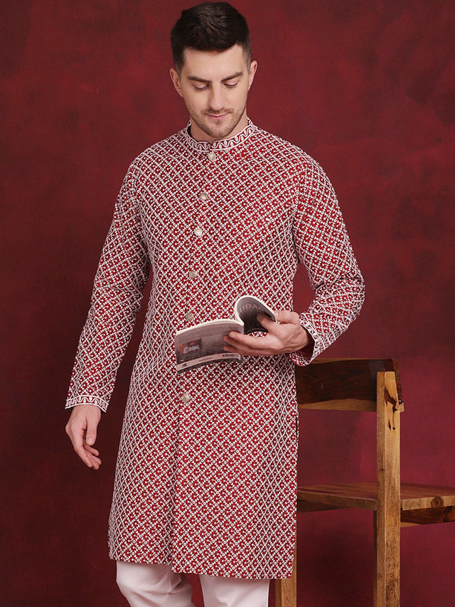 Men's Maroon Sequin Chikankari Front Open Kurta
