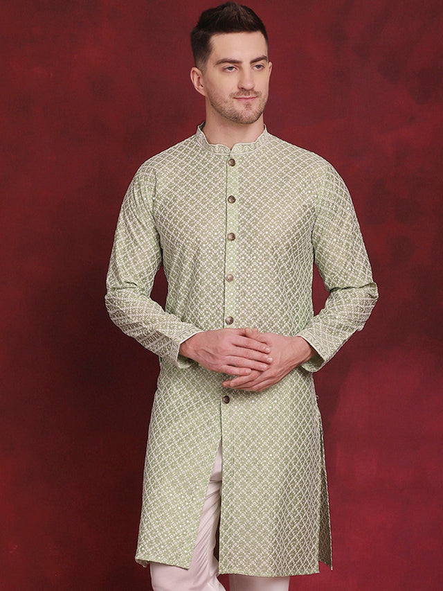Men's Pista Sequin Chikankari Front Open Kurta