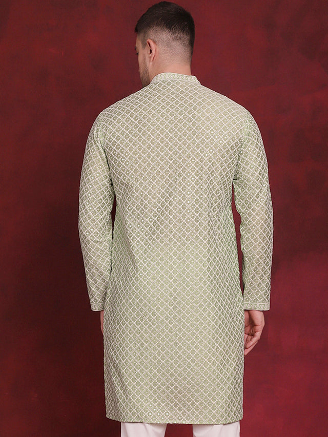 Men's Pista Sequin Chikankari Front Open Kurta
