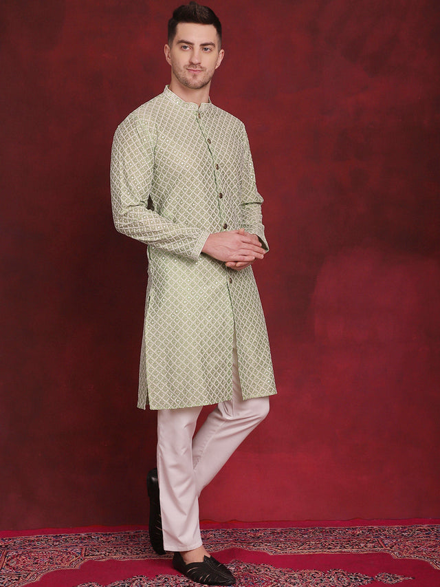 Men's Pista Sequin Chikankari Front Open Kurta