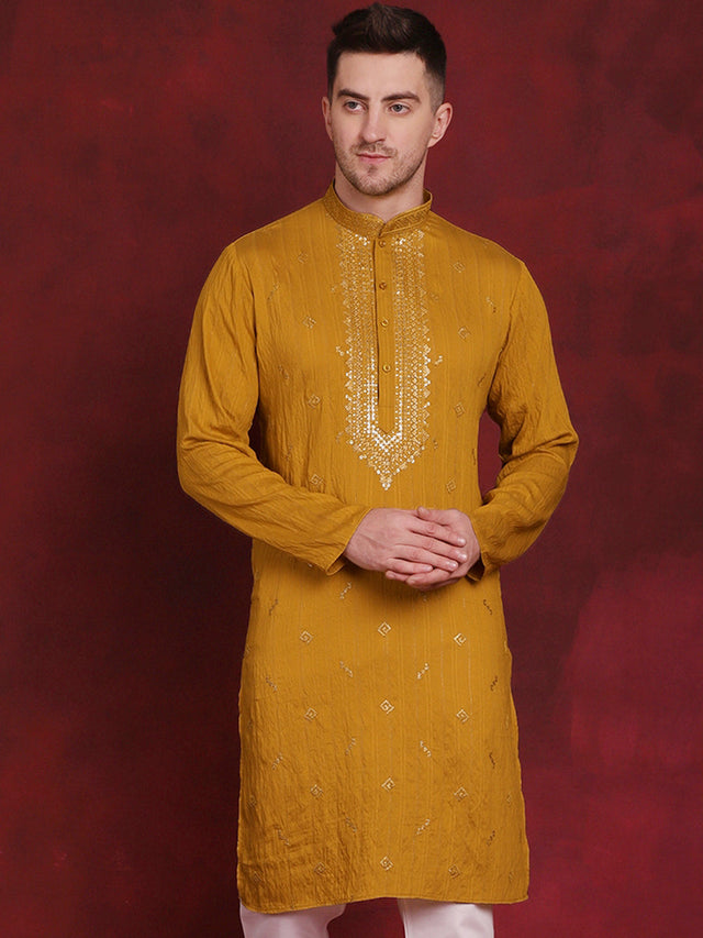 Men's Mustard Sequins Embroidered Kurta