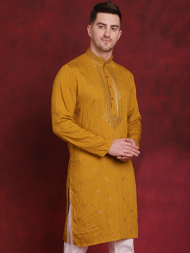 Men's Mustard Sequins Embroidered Kurta