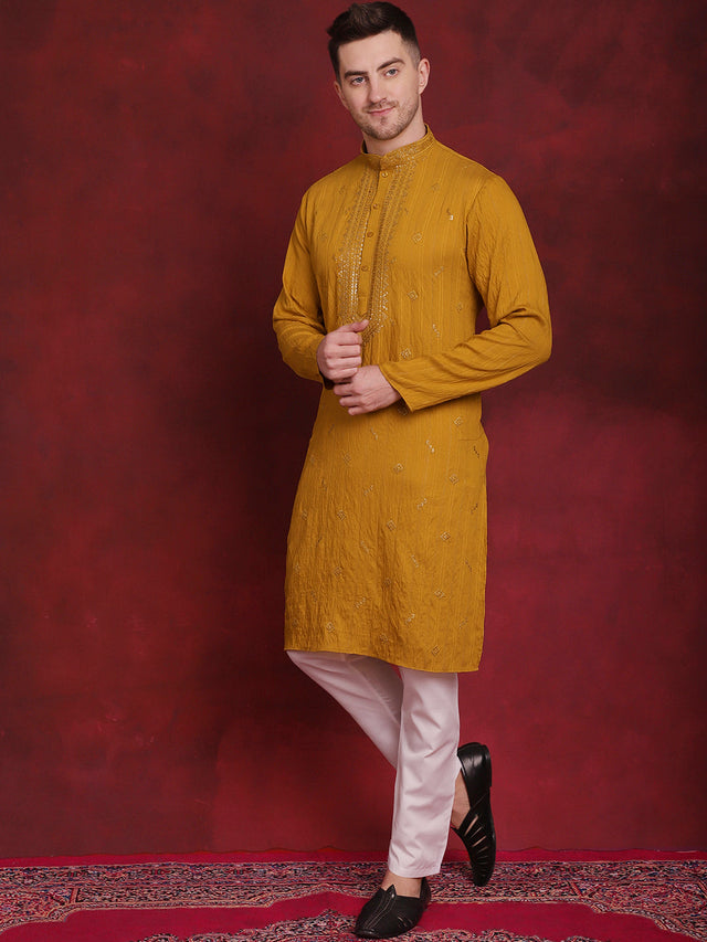 Men's Mustard Sequins Embroidered Kurta