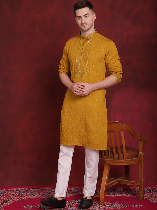 Men's Mustard Sequins Embroidered Kurta