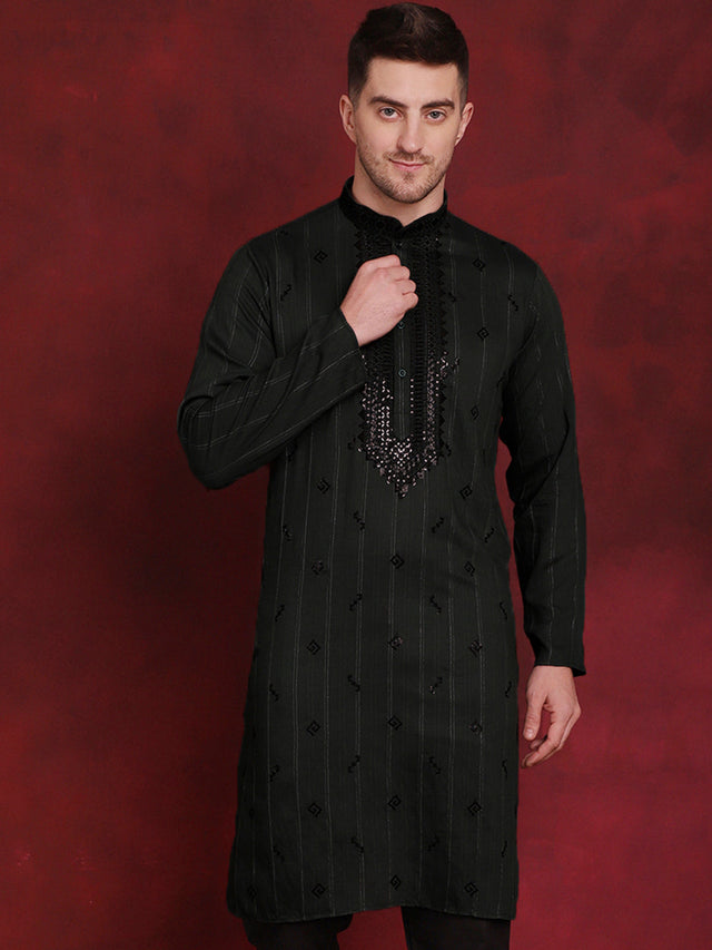 Men's Olive Sequins Embroidered Kurta