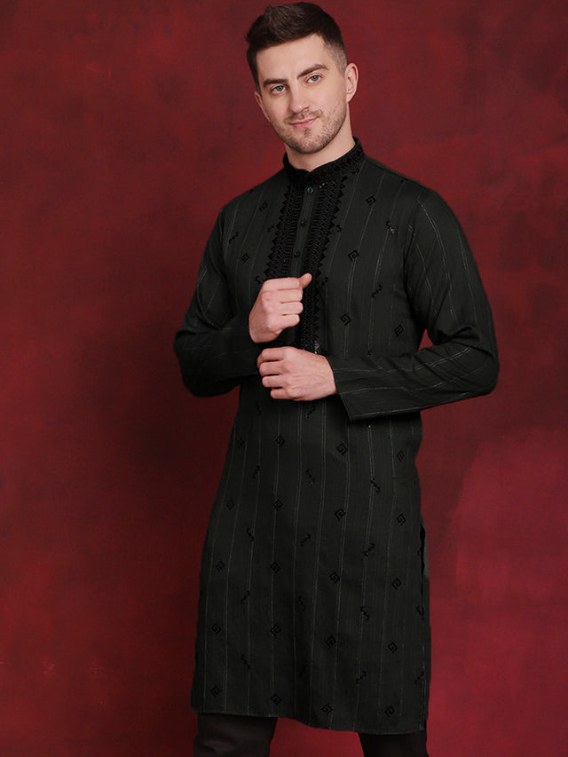Men's Olive Sequins Embroidered Kurta