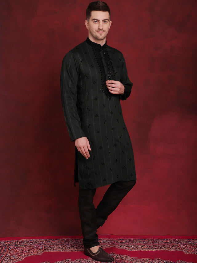 Men's Olive Sequins Embroidered Kurta