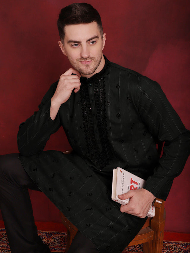 Men's Olive Sequins Embroidered Kurta