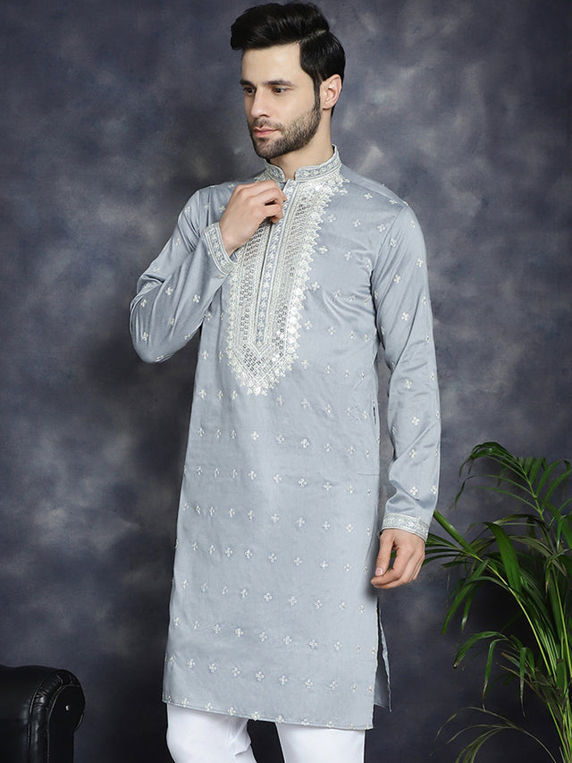 Men's Grey Sequins Embroidered Kurta