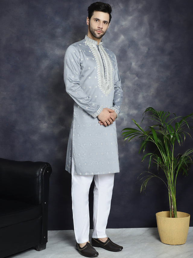 Men's Grey Sequins Embroidered Kurta
