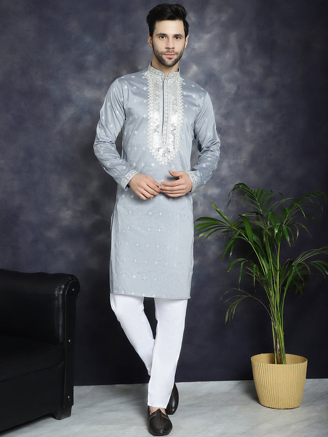Men's Grey Sequins Embroidered Kurta