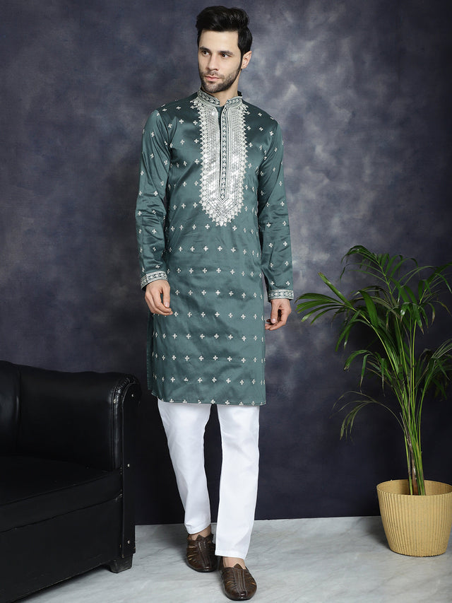 Men's Olive Sequins Embroidered Kurta