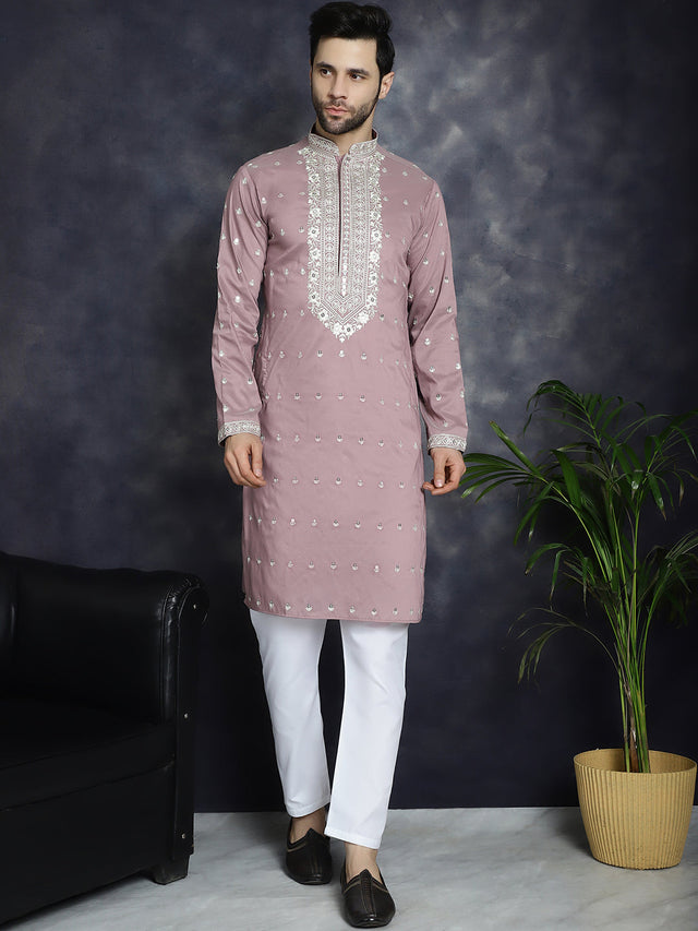 Men's Magenta Chikankari Embroidered Kurta