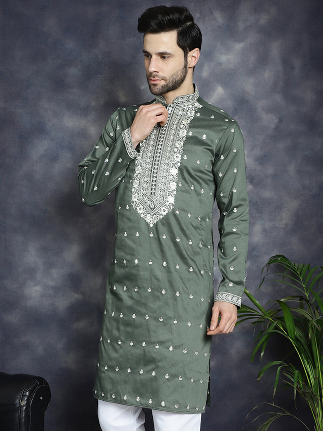 Men's Olive Chikankari Embroidered Kurta