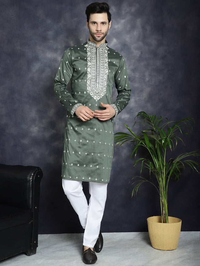 Men's Olive Chikankari Embroidered Kurta