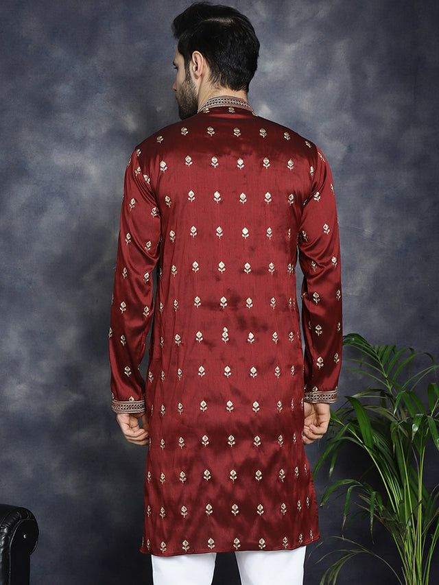 Men's Maroon Chikankari Embroidered Kurta