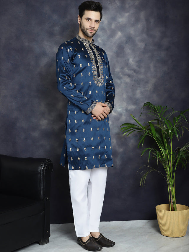 Men's Navy Blue Chikankari Embroidered Kurta