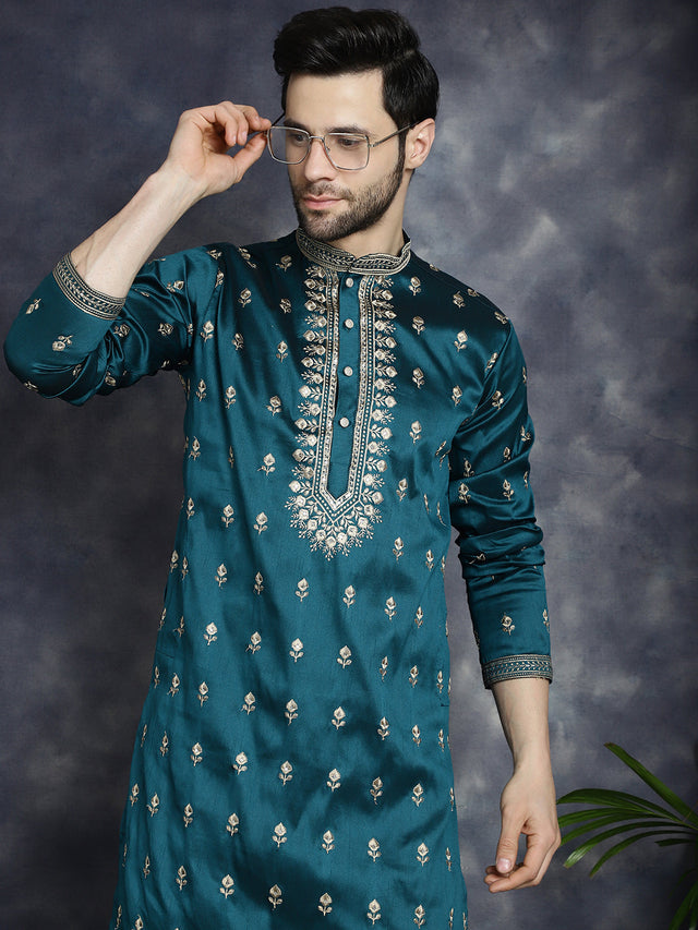 Men's Peacock Blue Chikankari Embroidered Kurta