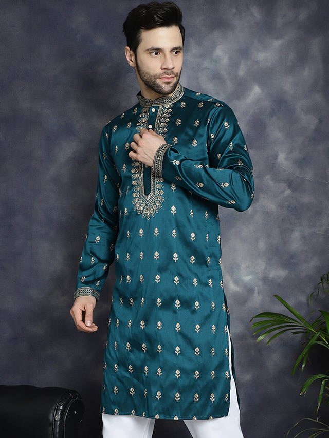 Men's Peacock Blue Chikankari Embroidered Kurta