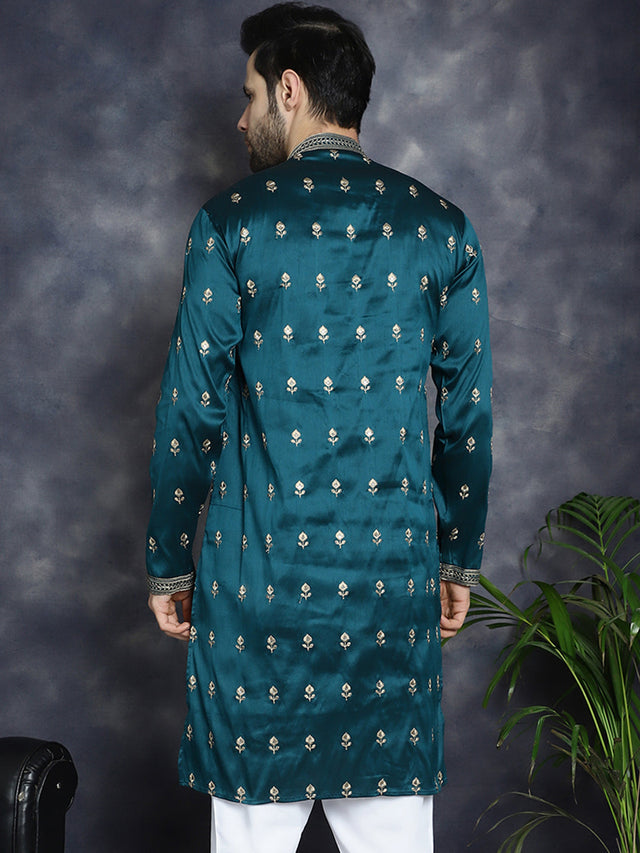 Men's Peacock Blue Chikankari Embroidered Kurta